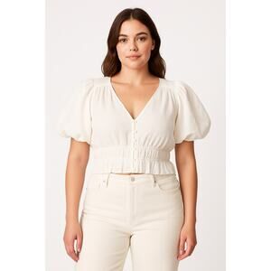 Marc New York White Linen Blend Cropped Ruched Top Balloon Sleeve Blouse Size L